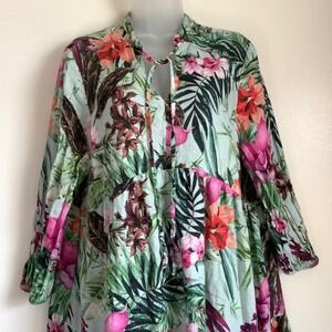 Le Ragazze Italy Linen Tropical Floral Tiered Babydoll Dress XL Mint Green Boho